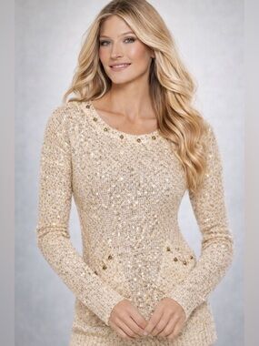 VENUS Gold Sequin Sweater XS Womens Studded Knit Glam Sparkle Holiday Party Top